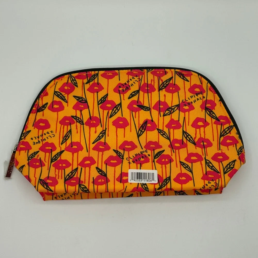 Clinique x Donald Robertson Makeup Bag Orange Pink Lips Leaf Cosmetic Pouch NWOT